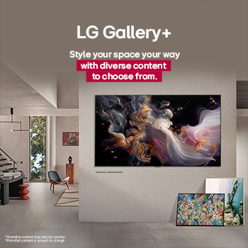 Interior of a sophisticated home. Lots of different artworks are displayed. On the center wall is an LG TV with artwork on the screen. The TV looks like a painting from a museum.