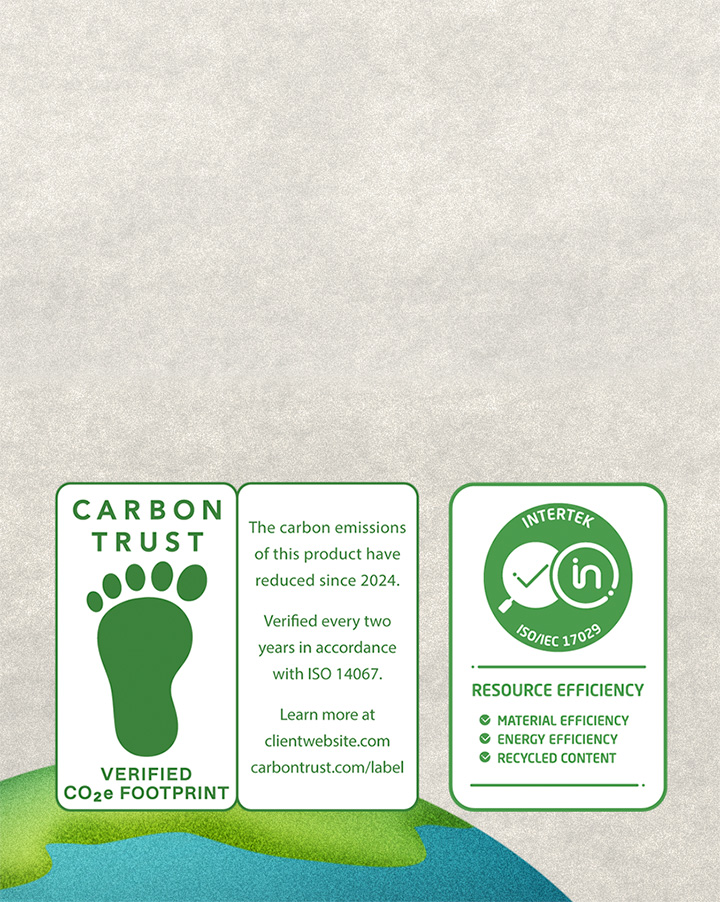 Certification mark for Carbon Trust, carbon reduction and measurement, and a certifcation mark for resource efficiency by Intertek.
