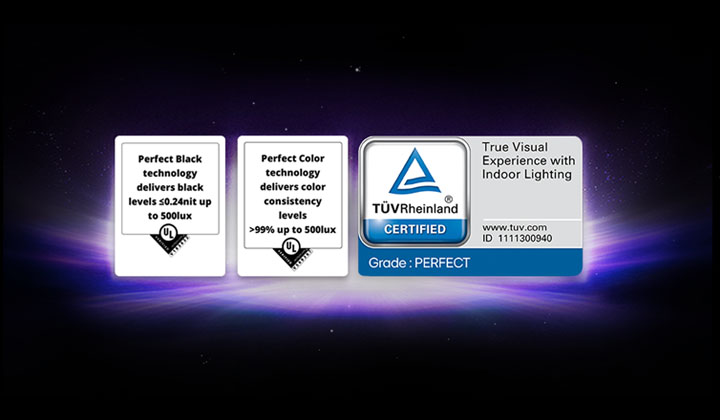 UL-verified and TÜV-certified logos shown for Perfect Black and Perfect Color display features.