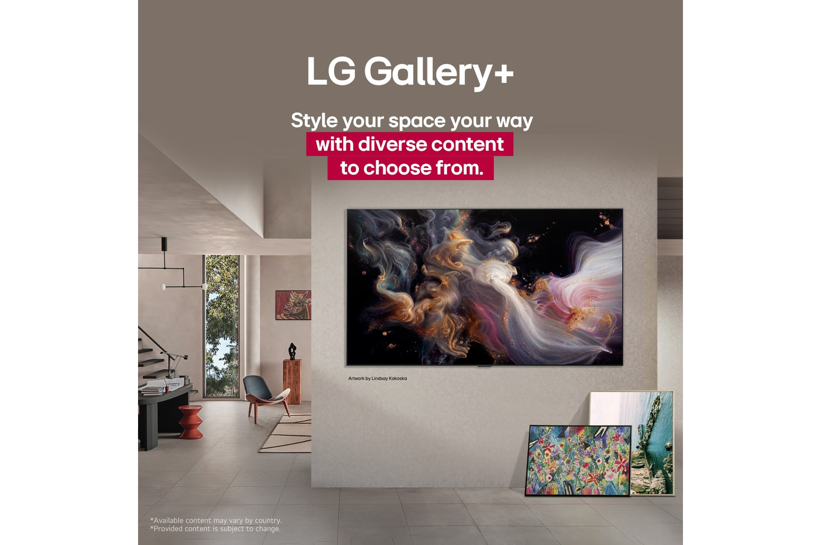Interior of a sophisticated home. Lots of different artworks are displayed. On the center wall is an LG TV with artwork on the screen. The TV looks like a painting from a museum.