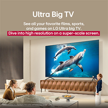 A family sits on a couch facing a LG QNED TV mounted on a wall above a LG Soundbar with a little girl pointing to a screen depicting two dolphins. The title talks about how every action is more thrilling on a massive screen.