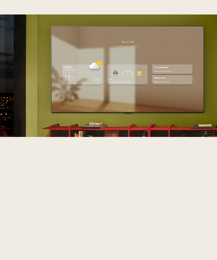 The information board is shown on a wall-mounted LG TV. Different functionalities are shown from weather updates, sports alerts, TV scheduler, Home Hub, and Google Calendar.