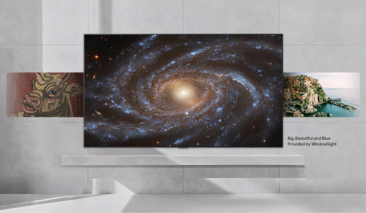 Wall-mounted LG TV with a variety of content cycling through the screen from classic art, modern art, photos, wallpapers, and more. 