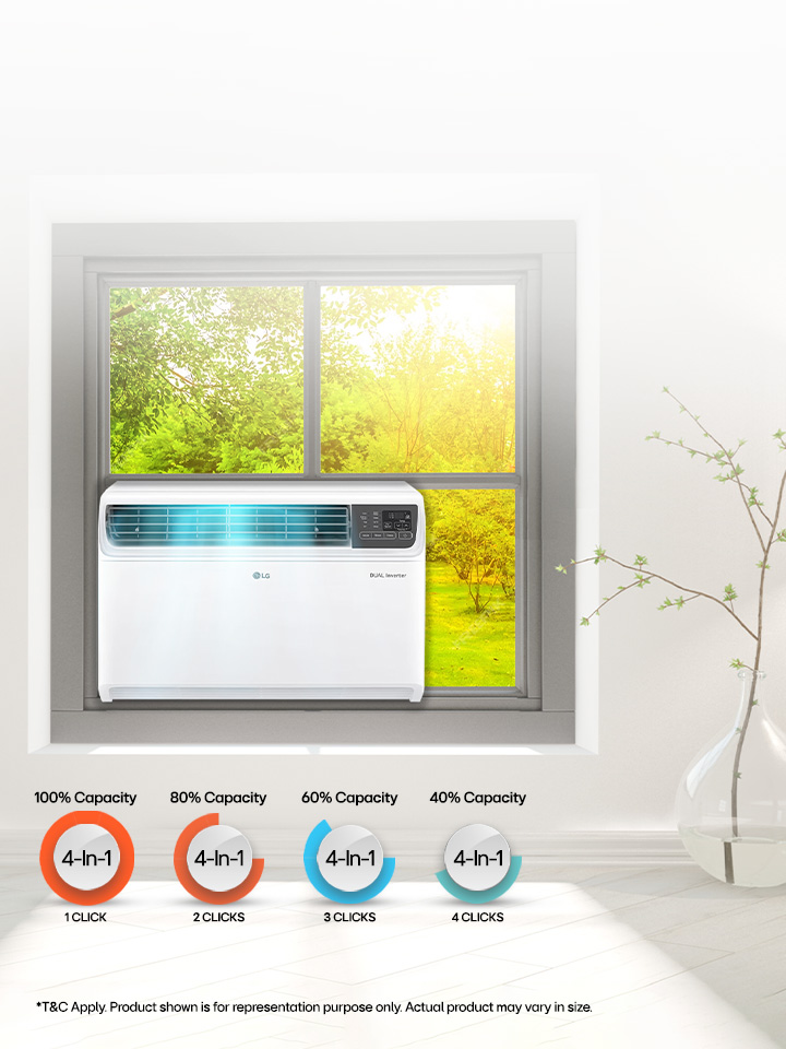 A white window LG window air conditioner on wall features 4-in-1 convertible cooling for efficient cooling