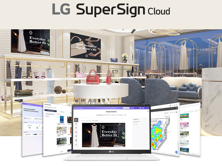 This shows an image of a retail clothing store with five browser windows from LG SuperSign Cloud displayed at the bottom. The central window showcases the content creation process and how the created content is applied to in-store displays.