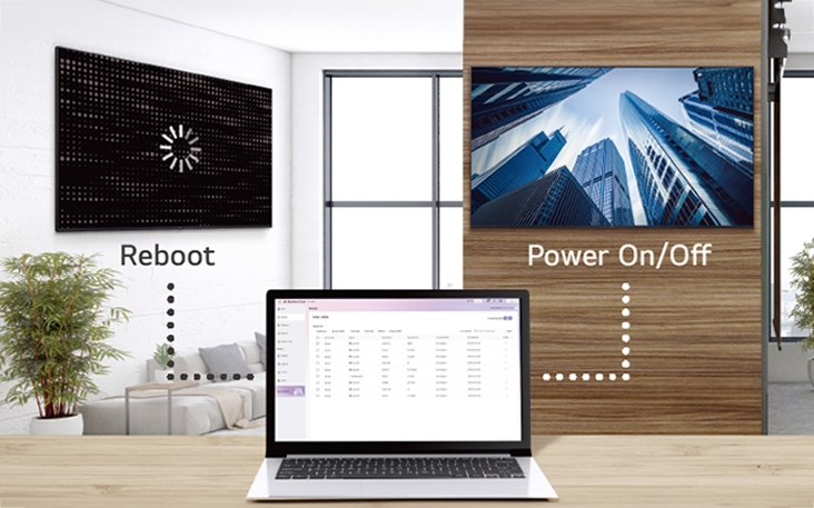 This image shows a laptop managing devices across various locations, demonstrating remote control capabilities.	