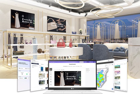 This image shows a laptop running the actual LG SuperSign Cloud solution, with its screen content mirrored on a background display through the solution.	