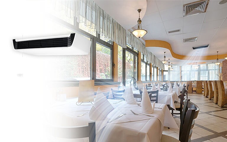An image of a restaurant at a shopping mall with air conditioning on.