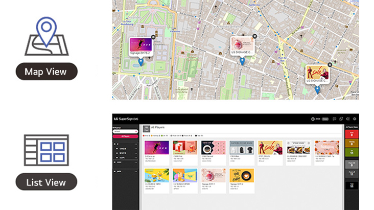 During monitoring, two options are available: map view and list view.