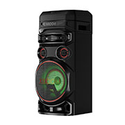 LG RNC7 Party Speaker - XBOOM left 30 degree view with green lighting
