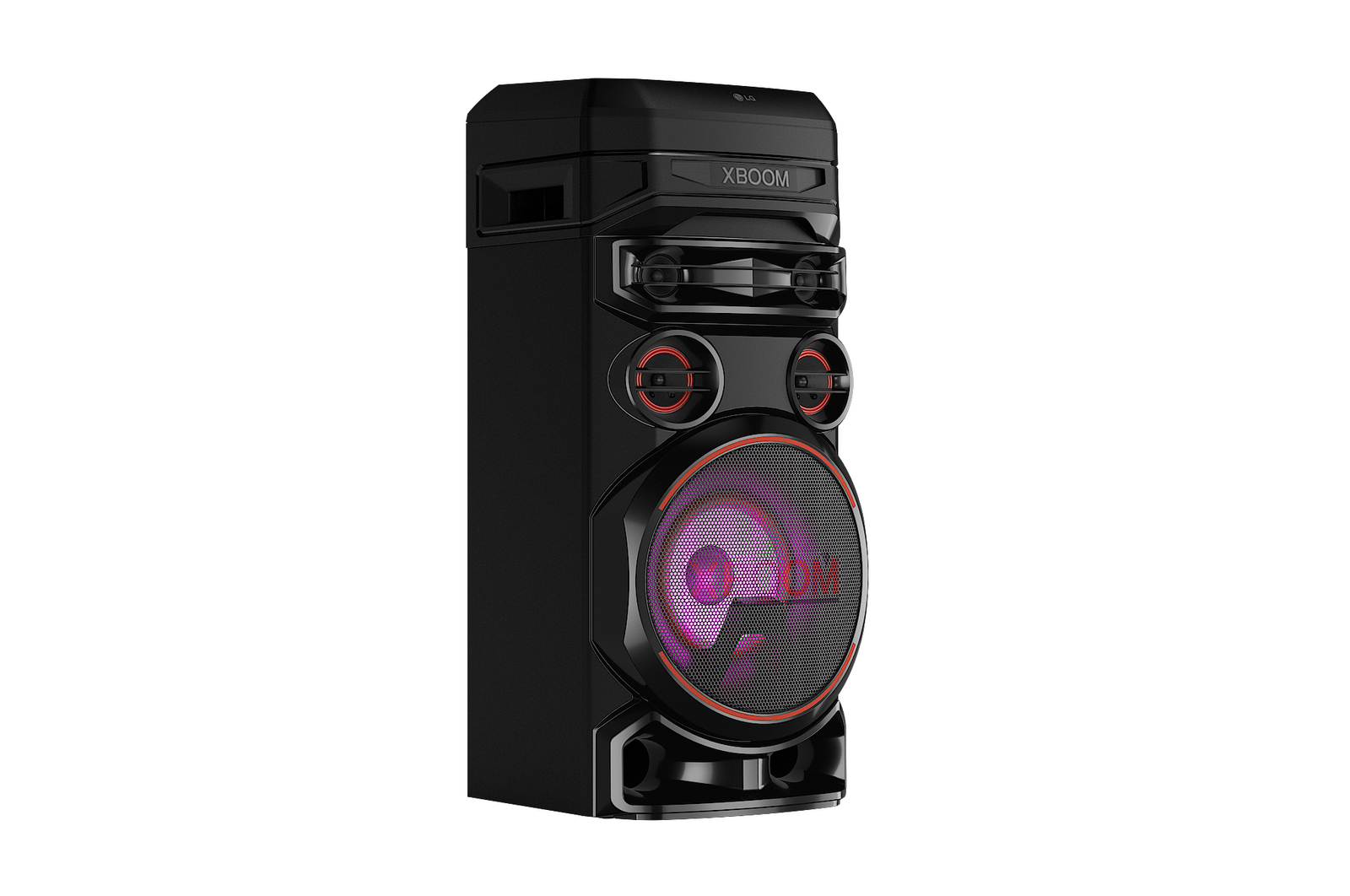 LG RNC7 Party Speaker - XBOOM right 30 degree view with purple lighting