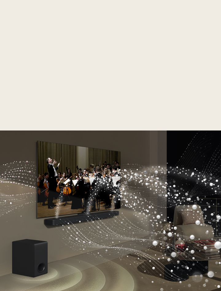 LG TV, LG Soundbar and a subwoofer are in a living room playing a musical performance. White droplets make waves of sound that shoot upwards and forward from the soundbar and project from the TV. A subwoofer is creating a sound effect from the bottom.