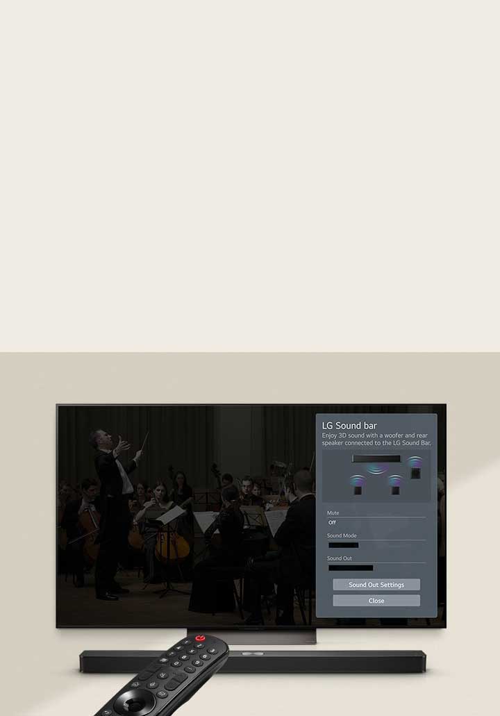 LG Remote is pointing towards a LG TV with LG Soundbar underneath. LG TV is showing the WOW Interface menu on the screen.