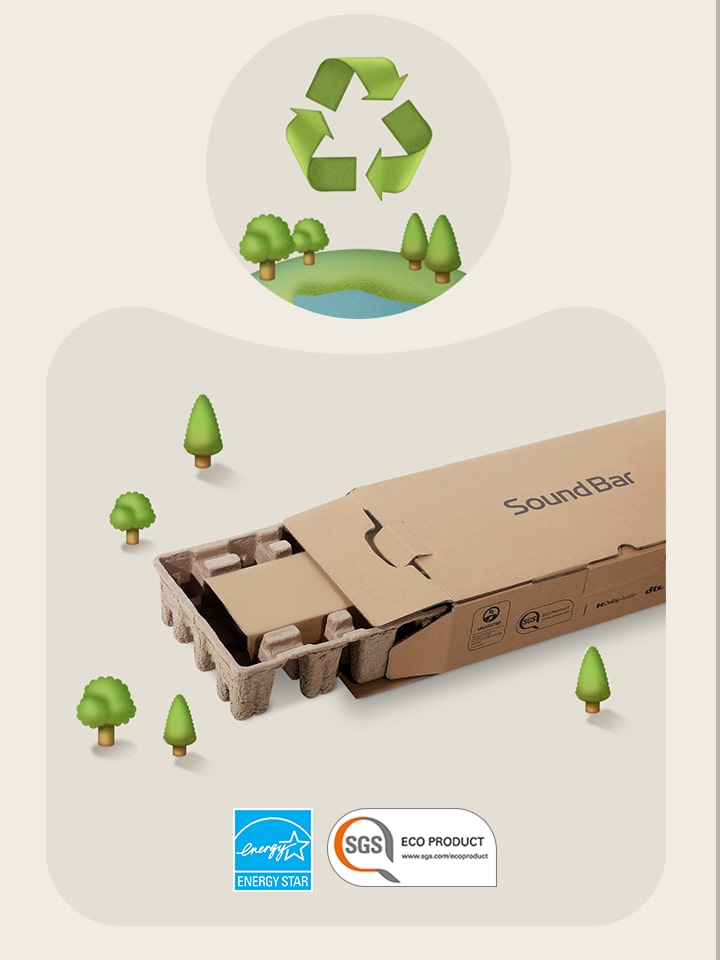 LG Soundbar packaging is against a beige background with illustrated trees. Energy Star logo SGS Eco Product logo