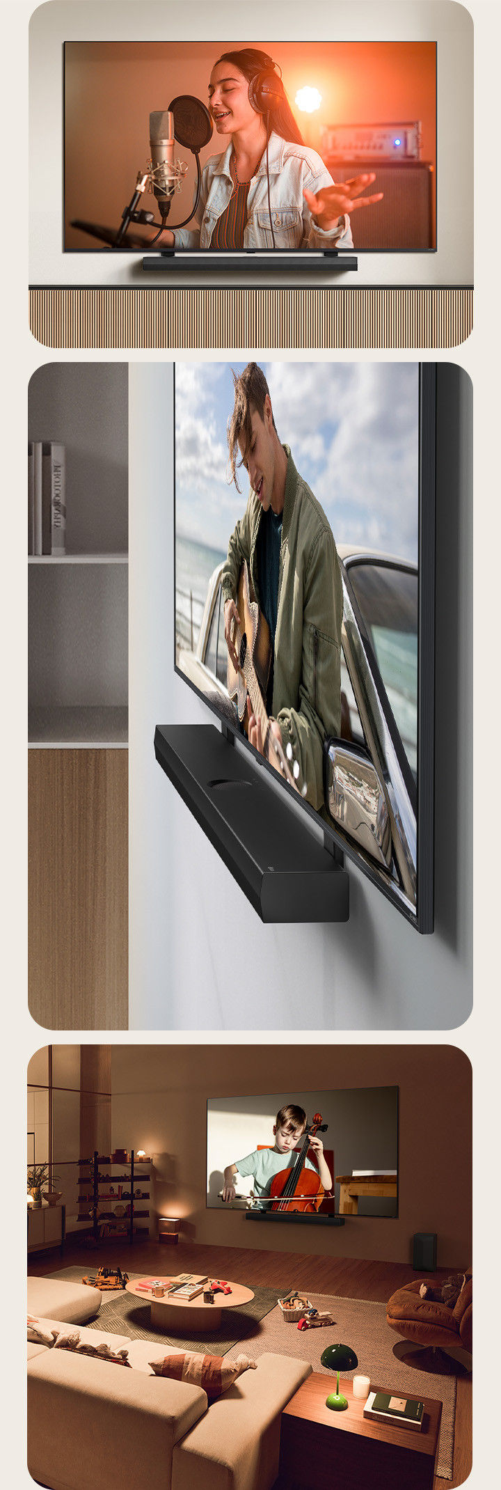 LG Soundbar and LG QNED TV against the wall with the QNED Matching Bracket in a grey and wooden living space in angled perspective, as LG QNED TV is displaying a man playing a guitar . LG Soundbar and LG QNED TV against a cream wall with the QNED Matching TV Bracket. The TV is playing a video of a woman singing in a recording studio. Below the TV, there is a modern geometric wooden stand. LG Soundbar and LG QNED TV on a wall with the QNED Matching TV Bracket in a cozy and dimly lit living space with children's toys. The TV is playing a video of a little boy playing the cello.