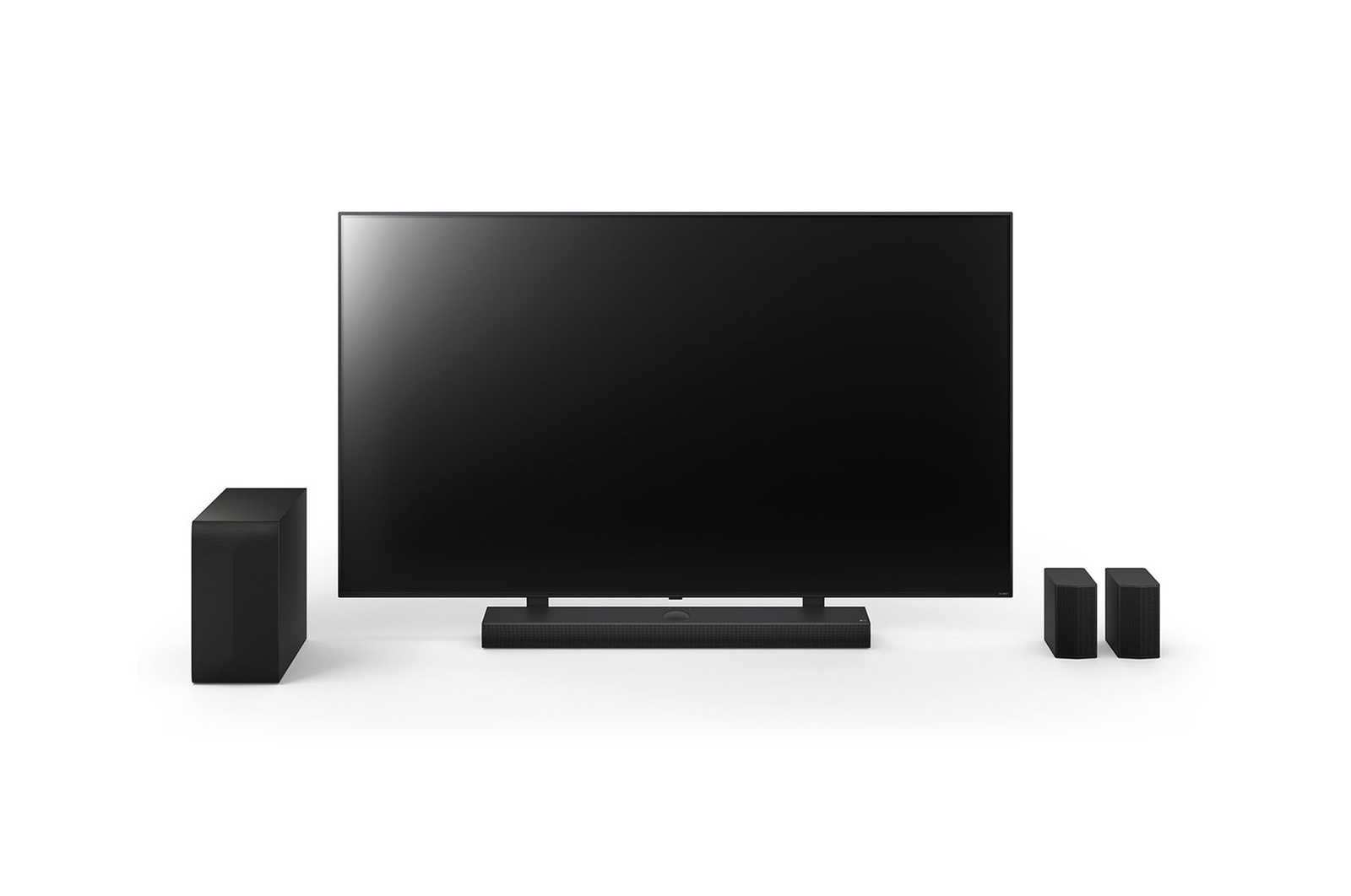 Front view of 75inch LG QNED, LG Soundbar SQ75TR, Rear Speakers, and subwoofer