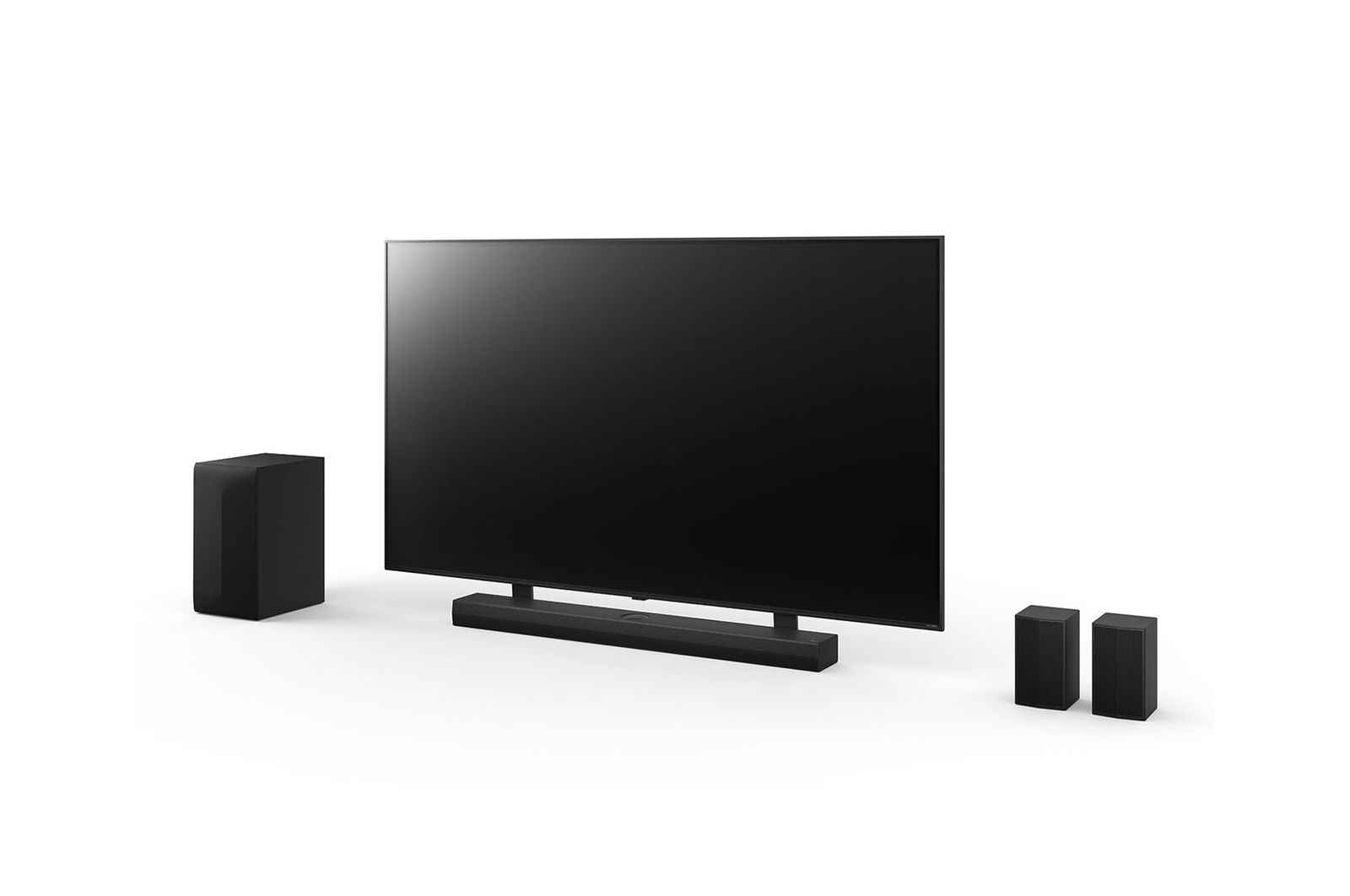 Angled view of 65inch LG QNED, LG Soundbar SQ75TR, Rear Speakers, and subwoofer