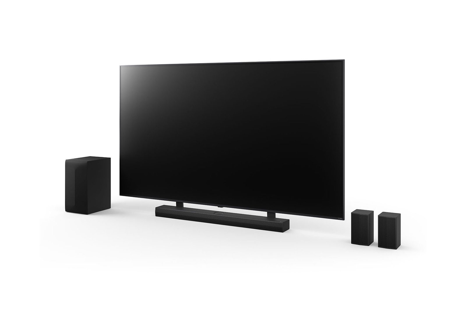 Angled view of 75inch LG QNED, LG Soundbar SQ75TR, Rear Speakers, and subwoofer