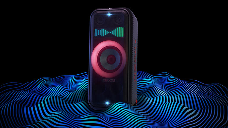 LG XL7S is standing on the infinite space. Red woofer lighting and double strobe lightings are on. On top of the speaker a sound eq is displayed. Sound waves are coming out from the bottom of the speaker in order to emphasize its deep bass.