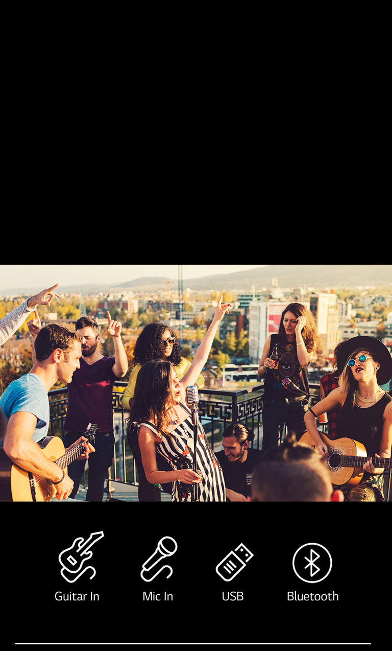 LG XL7S There are people enjoying acoustic concert with LG XBOOM XL7S. Below the image, there are guitar