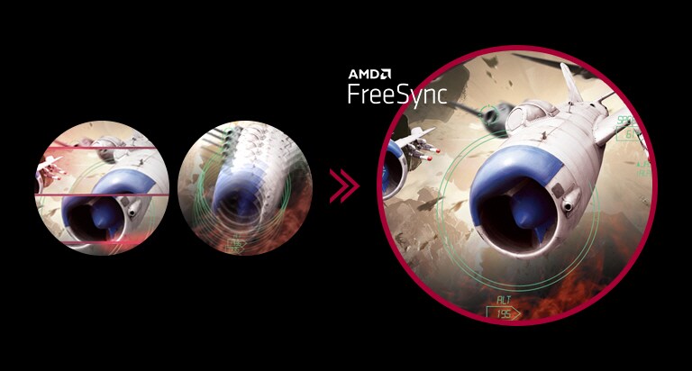 Clear gaming image with  seamless, fluid movement when AMD FreeSync™ is on, while screen stuttering and tearing occur when AMD FreeSync™ is off.