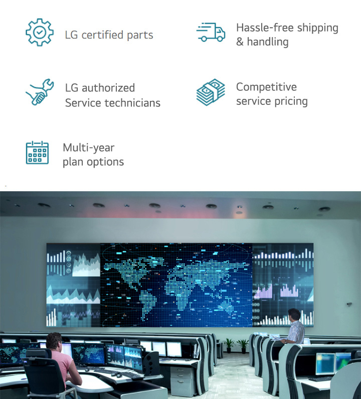 Infographic showcasing LG ExtendedCare features: certified parts, authorized technicians, hassle-free shipping, competitive pricing, next-business-day swap, and multi-year plans. Accompanied by an image of a control room with advanced data visualization screens.