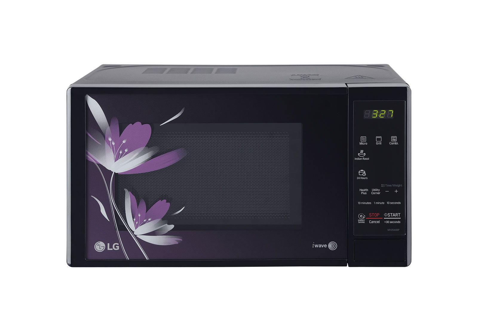 Front view of LG 20 L Grill / Solo Microwave Oven with Auto Cook Menu, Energy Saving, Quartz Heater, Anti Bacterial Cavity, Black MH2044BP
