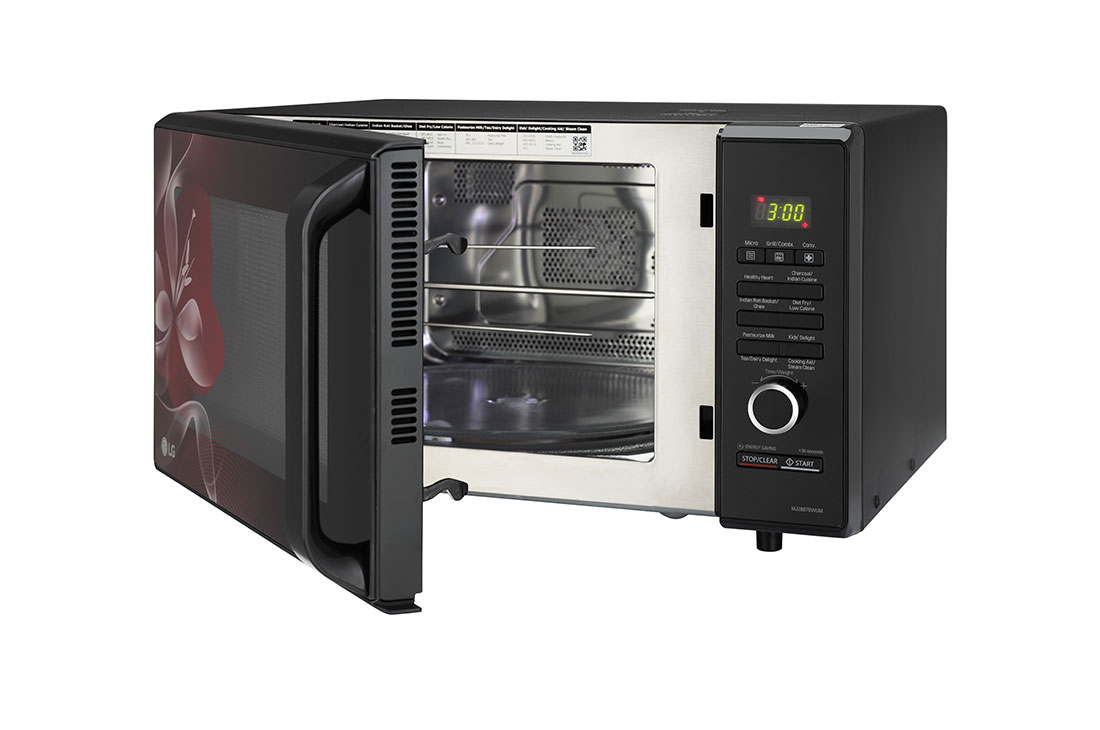 LG 28 L Charcoal Convection Microwave Oven with Charcoal Lighting Heater, Diet Fry, Motorised Rotisserie, Floral Black, MJ2887BWUM