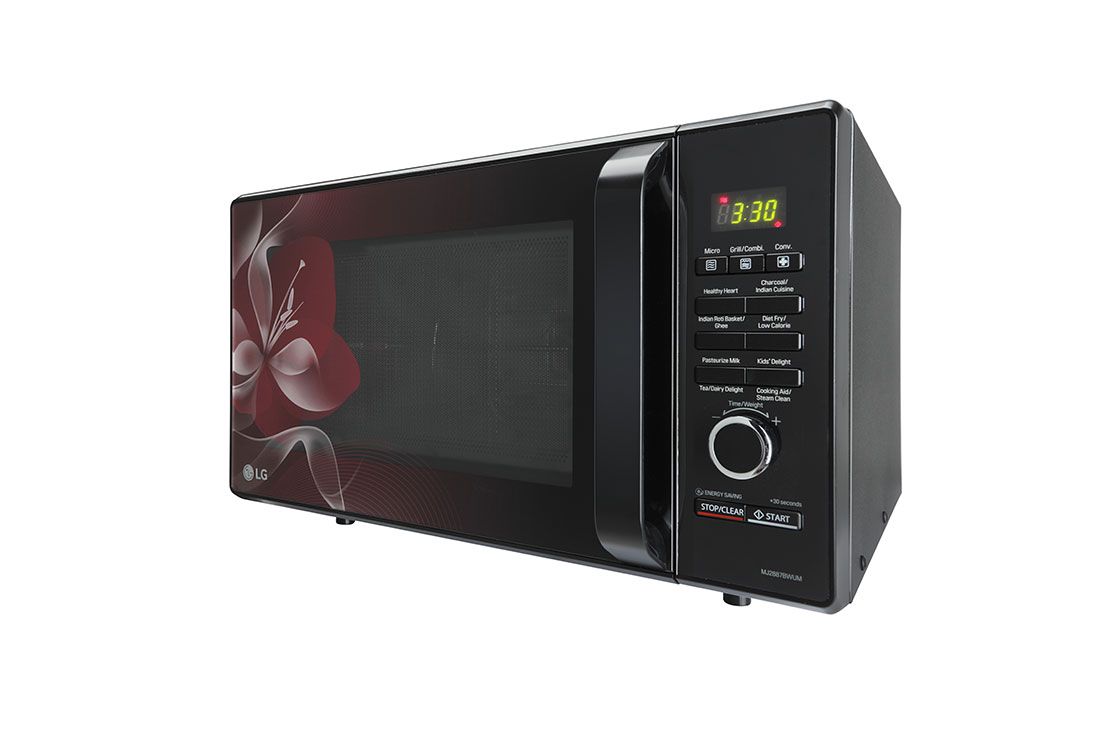 LG 28 L Charcoal Convection Microwave Oven with Charcoal Lighting Heater, Diet Fry, Motorised Rotisserie, Floral Black, MJ2887BWUM