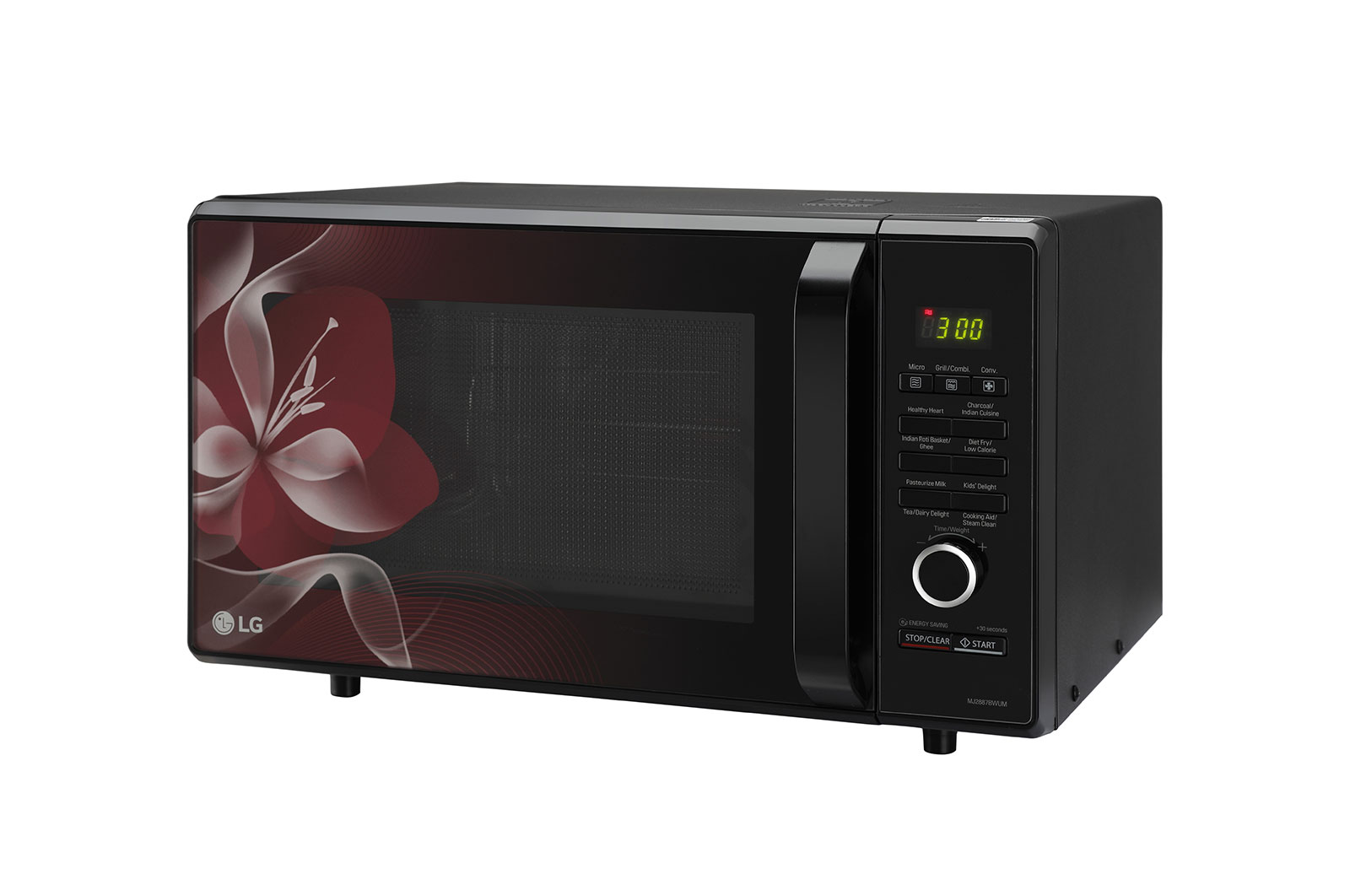 LG 28 L Charcoal Convection Microwave Oven with Charcoal Lighting Heater, Diet Fry, Motorised Rotisserie, Floral Black, MJ2887BWUM