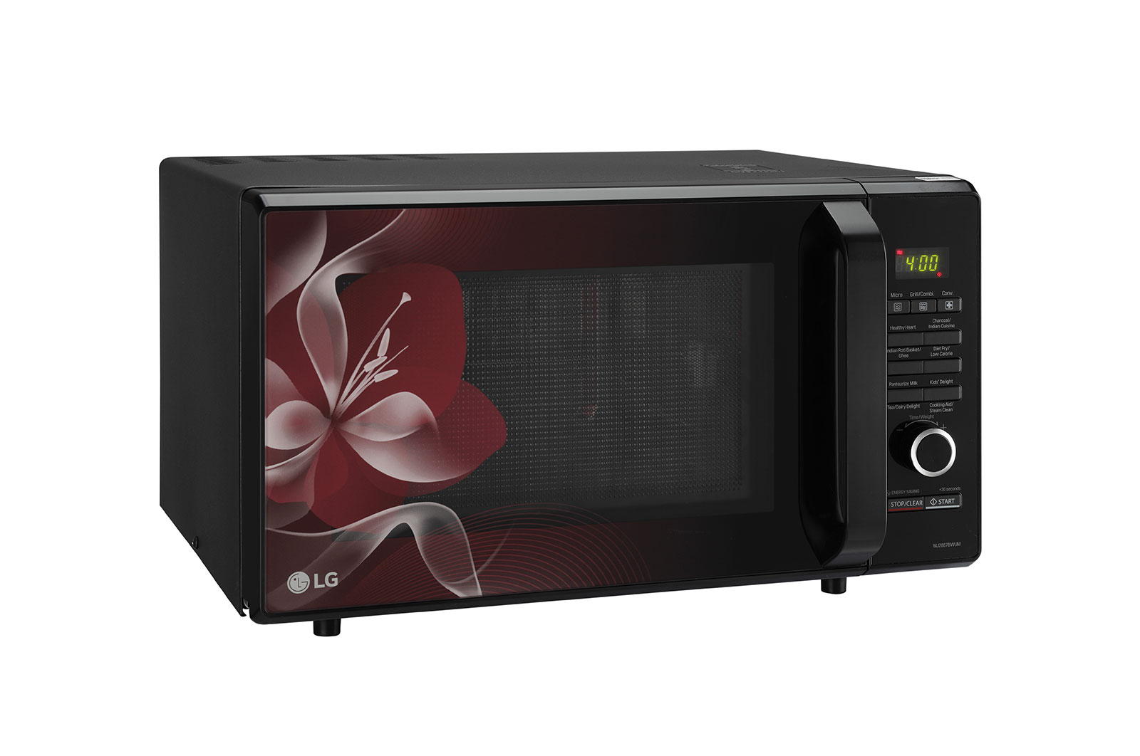 LG 28 L Charcoal Convection Microwave Oven with Charcoal Lighting Heater, Diet Fry, Motorised Rotisserie, Floral Black, MJ2887BWUM