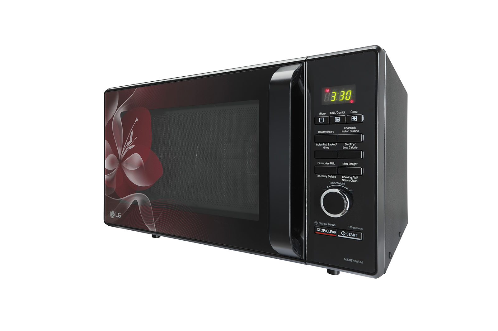 LG 28 L Charcoal Convection Microwave Oven with Charcoal Lighting Heater, Diet Fry, Motorised Rotisserie, Floral Black, MJ2887BWUM