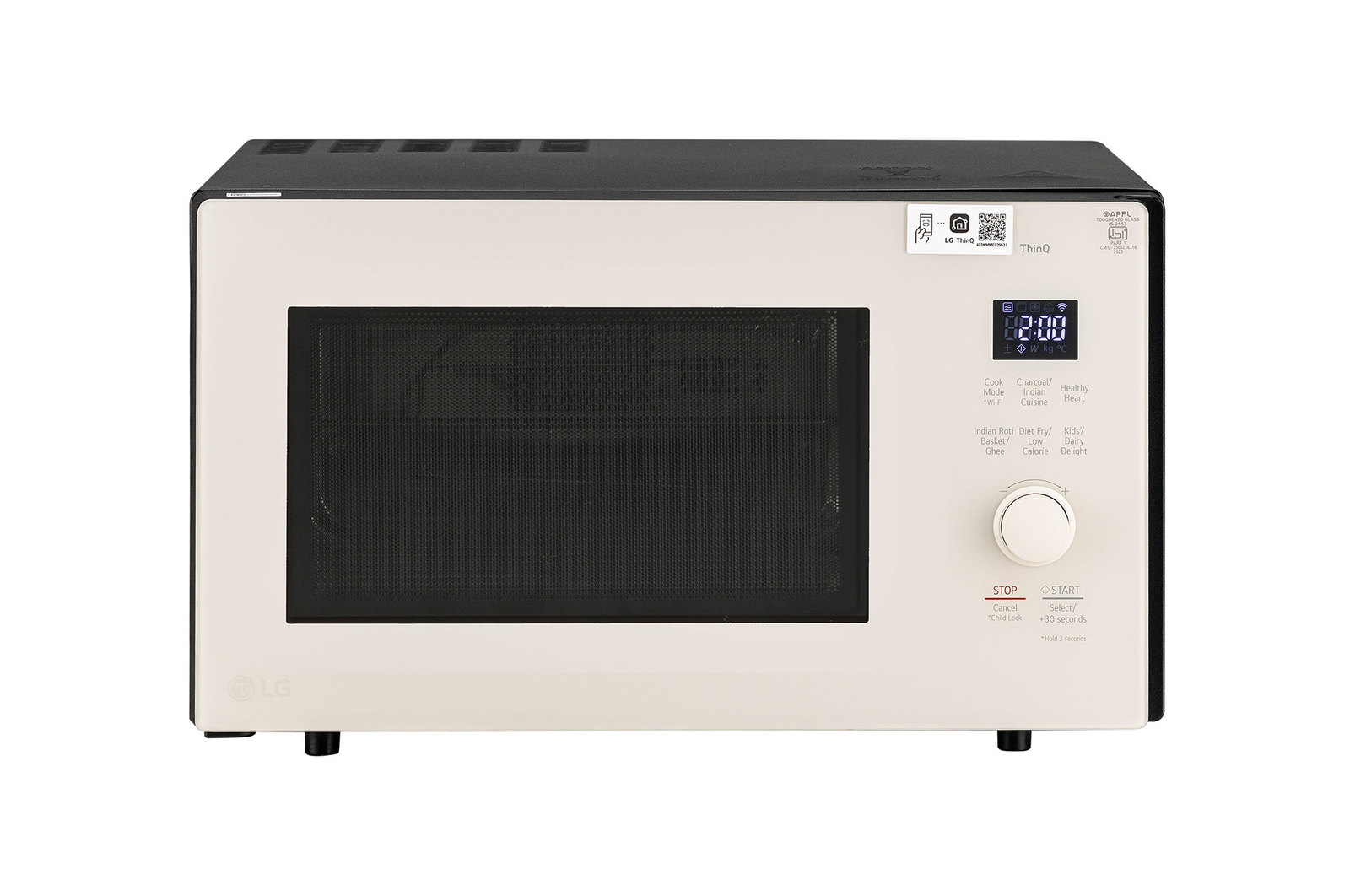 Front view of LG 28 L Scan-To-Cook Charcoal Microwave Oven with Healthy Heart™, Charcoal Lighting Heater, Motorised Rotisserie, Beige MJEN286UBW