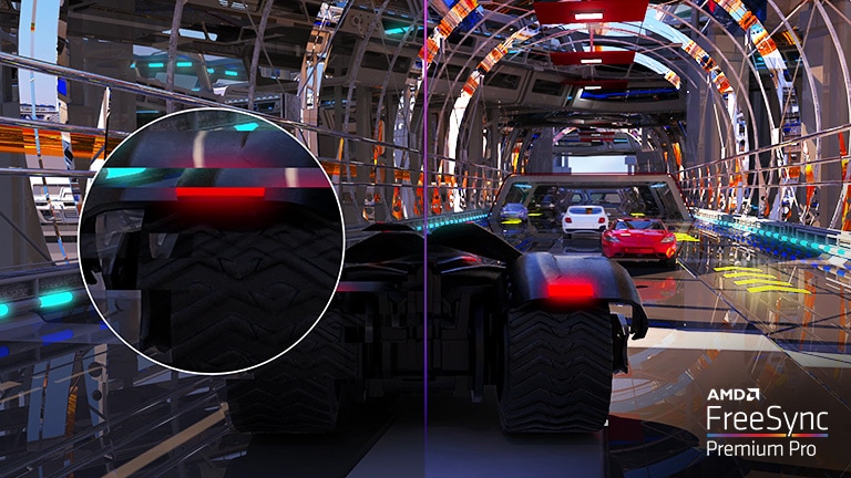 In The Fast Paced FPS Game, The Player Moves Around 3 Opponents Attacking and Shooting Against, and The Screen Tearing And Shuttering in The Opponent's Motion Appears with Freesync™ Premium Mode Off, Comparing to Another Scene in the Seamless Movement with Freesync™ Premium Mode On.