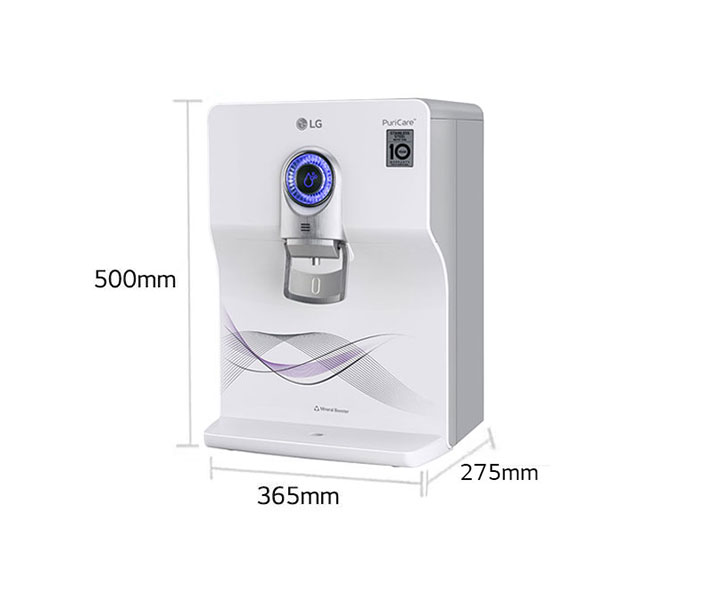 The dimensions on the LG RO UV water purifier is 365mm width, 500mm, height & 275mm depth.