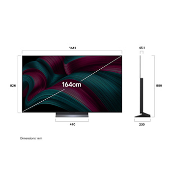 Front view and side view of LG OLED evo AI C5 4K Smart TV showing its length, width, height, and depth dimensions.