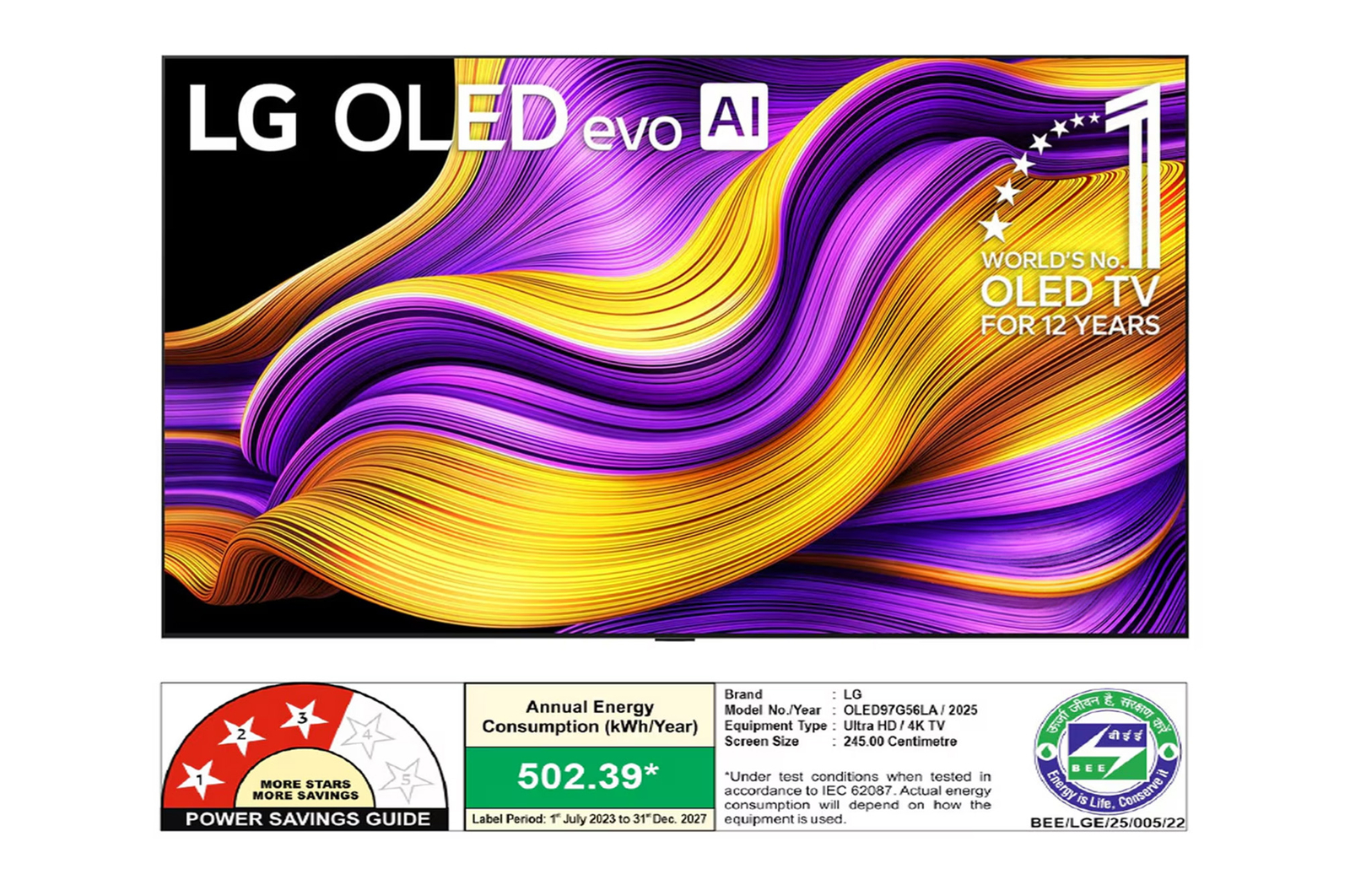 Front view of LG OLED evo AI G5 4K Smart TV. 12 Years of world number 1 OLED emblem and LG OLED evo AI 2025 logo are on the screen.