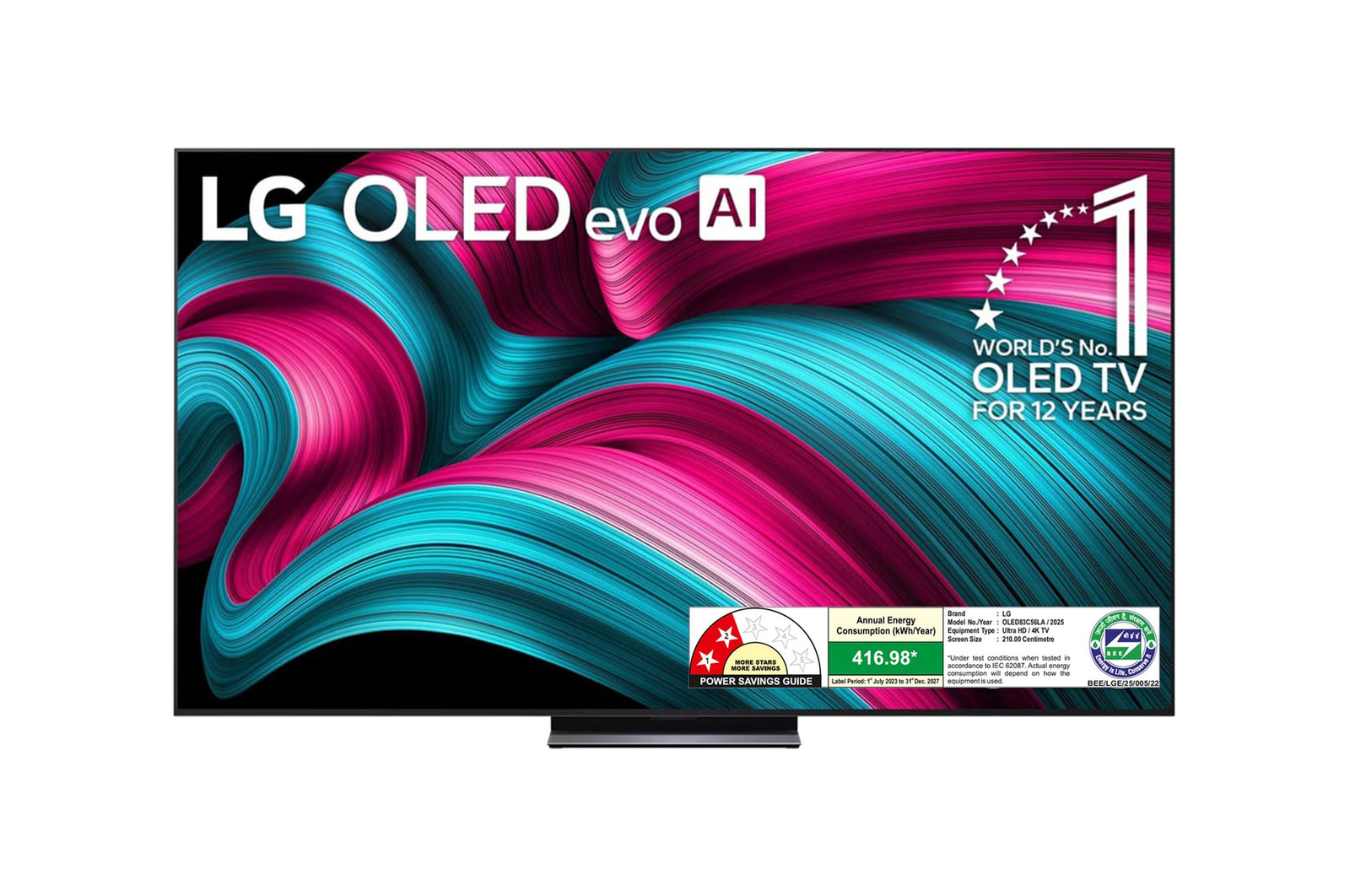 Front view of LG OLED evo 210cm (83) TV (C5), α9 AI Processor 4K Gen8, VRR 144Hz Refresh Rate, Dolby Vision & Atmos OLED83C56LA