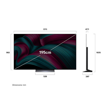 Front view and side view of LG OLED evo AI C5 4K Smart TV showing its length, width, height, and depth dimensions.