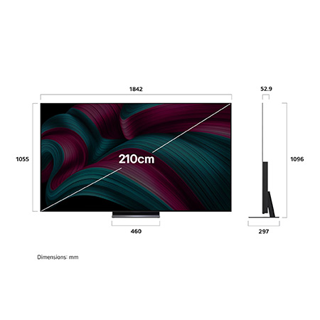 Front view and side view of LG OLED evo AI C5 4K Smart TV showing its length, width, height, and depth dimensions.