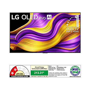 Front view of LG OLED evo AI G5 4K Smart TV. 12 Years of world number 1 OLED emblem and LG OLED evo AI 2025 logo are on the screen.