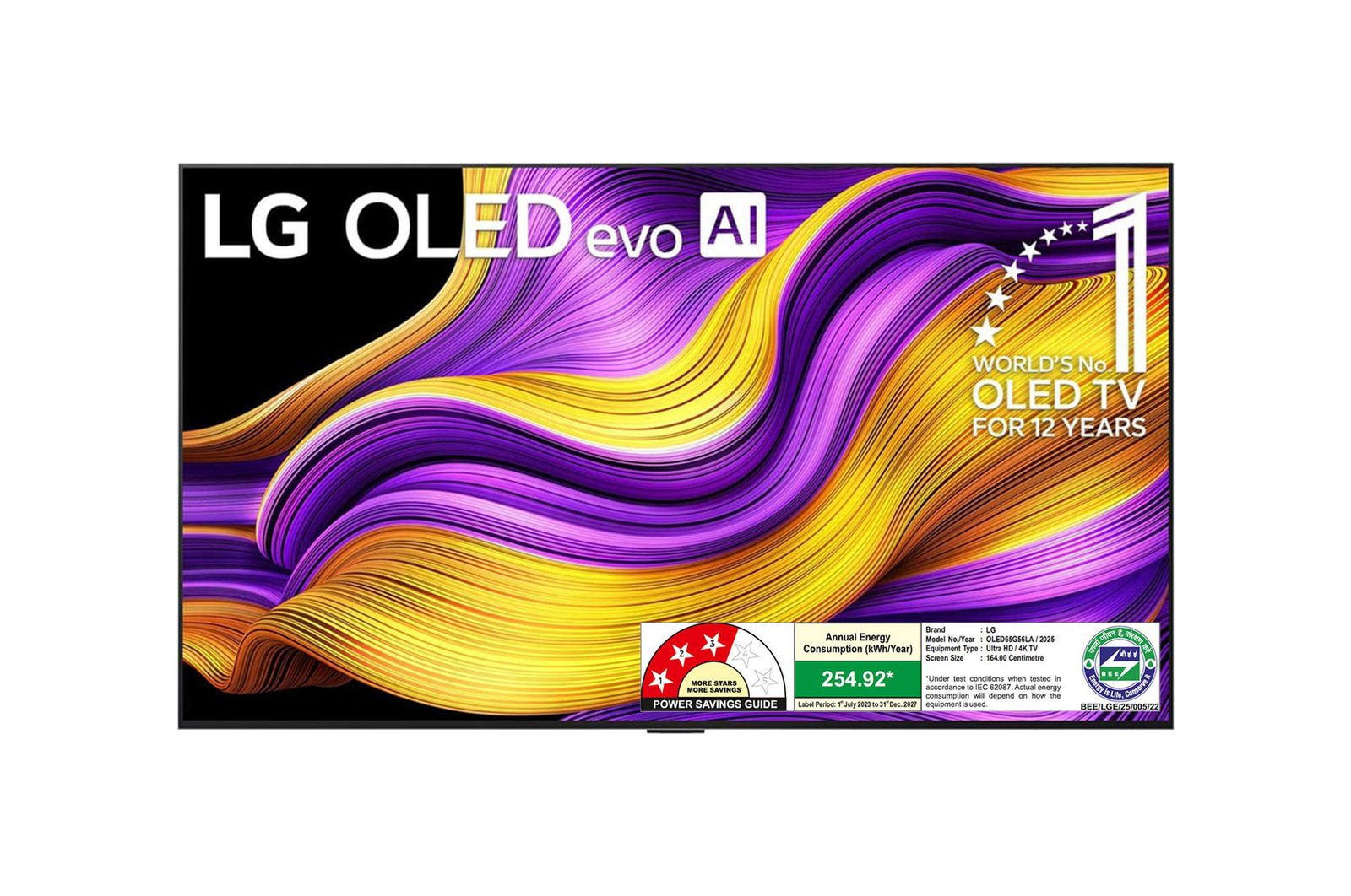 Front view of LG OLED evo AI 164cm (65) TV (G5), a11 Gen2 AI Processor 4K, VRR 165Hz Refresh Rate, Dolby Vision & Atmos OLED65G56LA