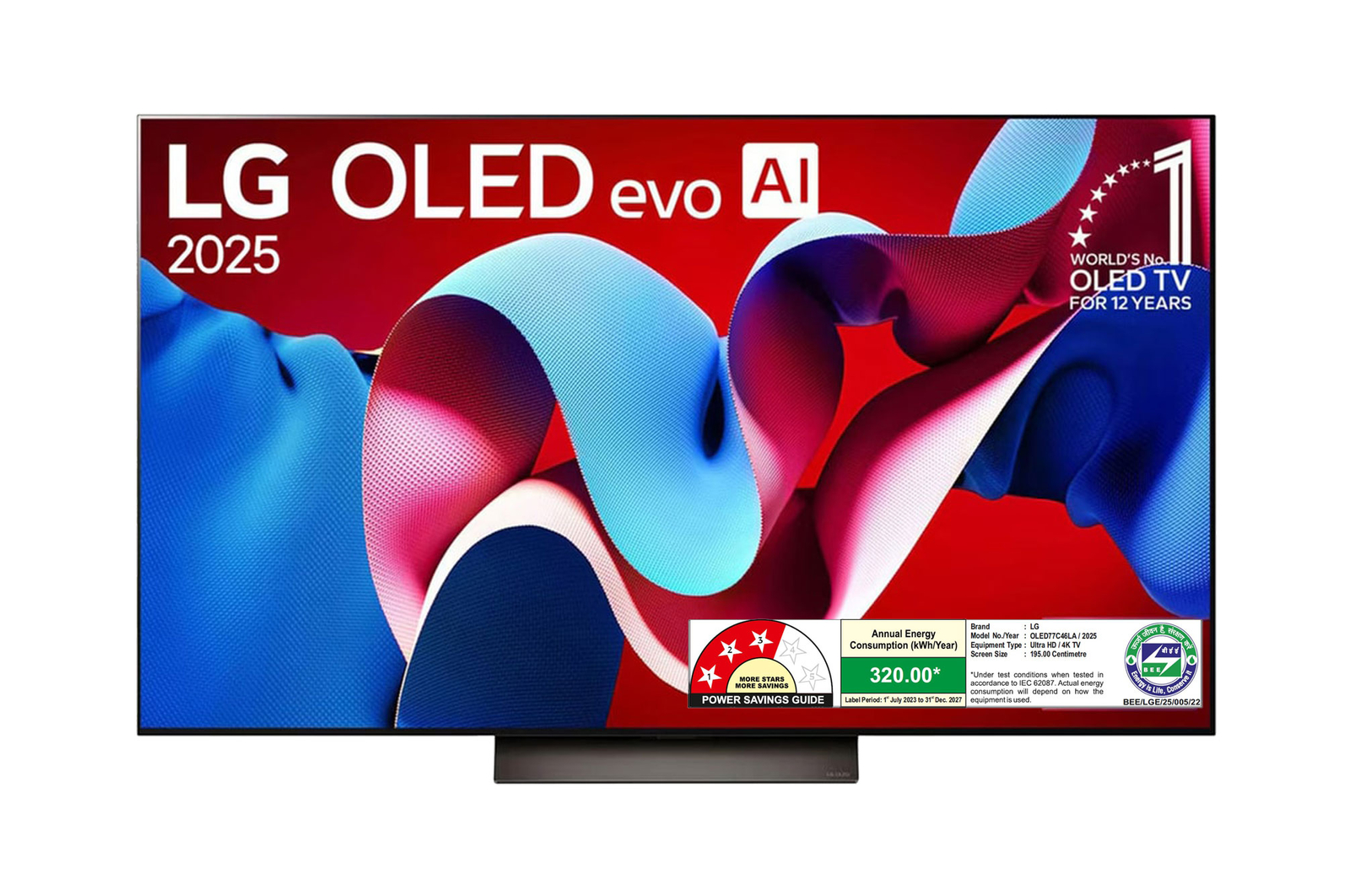 Front view of LG OLED AI 195cm (77) TV (C4), a8 Gen7 AI Processor 4K, 40W Audio Output, 120Hz Native Refresh Rate OLED77C46LA