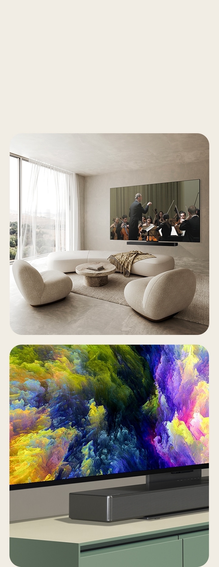 An angled perspective of the bottom corner of OLED C4 showing an abstract artwork on the screen.  OLED C4 and an LG Soundbar in a clean living space flat against the wall with an orchestral performance playing on screen.