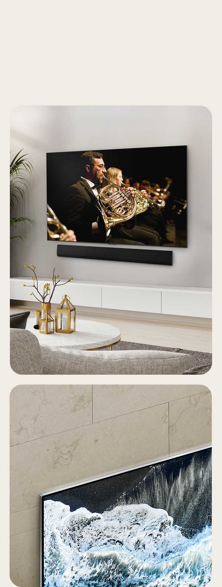 LG OLED TV, OLED G4 within an angled of perspective against a marbled wall showing how it merges against the wall. LG OLED TV, OLED G4 and an LG Soundbar in a clean living space flat against the wall with an orchestral performance playing on screen.