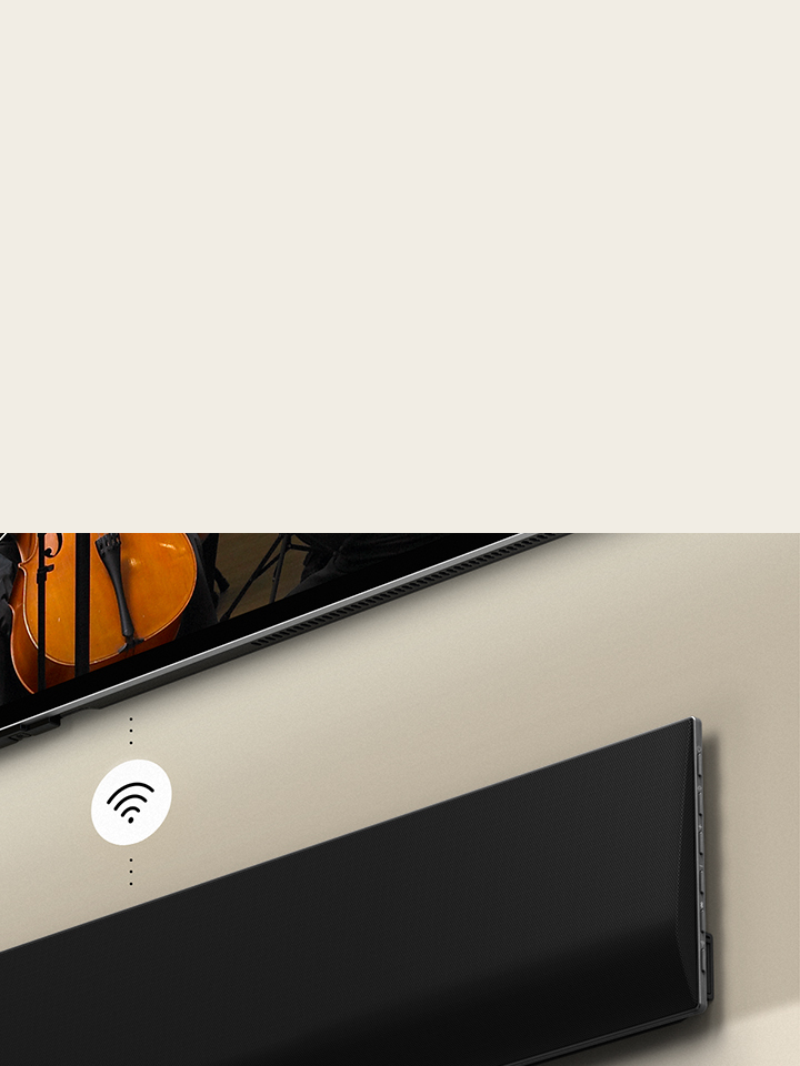 LG OLED TV and Soundbar mounted on the wall with a white Wi-Fi symbol graphic in the middle.	