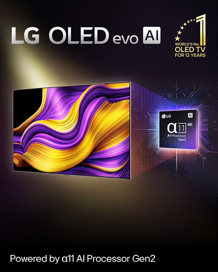 On the screen of an LG OLED evo AI TV is an abstract image with impressive detail, color, and contrast. A magnified version of the alpha 11 AI Processor Gen2 is behind the TV. It glows with light illuminating the microchip circuits around it. The title reads LG OLED evo AI. Text is also visible, powered by LG alpha 11 AI processor Gen2. A gold logo with stars is in the corner that reads, world's number one OLED TV for 12 years.