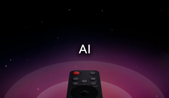 LG AI Magic Remote with the AI button highlighted. There is a graphic UI representation with icons of how the AI button allows users to access different AI functionality. The services include AI Voice ID, AI Search, AI Chatbot, AI Concierge, AI Picture Wizard, and AI Sound Wizard. Functionality is then showcased as the cursor appears over an interface, showing how the remote cam be used like an air mouse to just point and click.