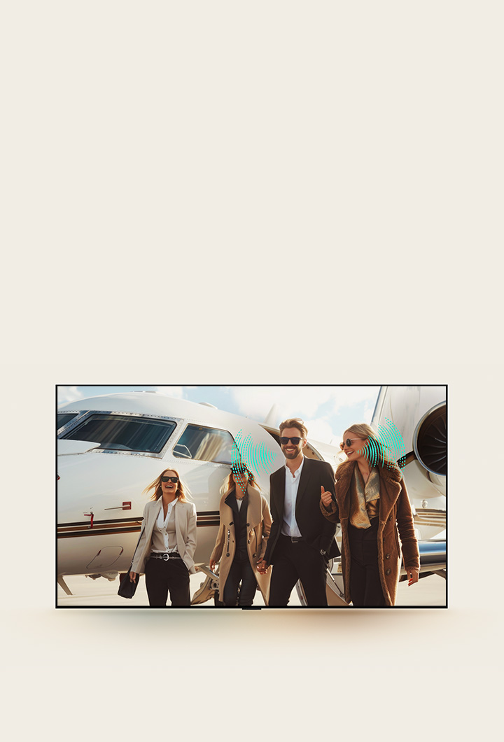 A group of people walking on an airport runway. Behind them is a plane. It looks like the group just got off the plane and its engines are still running. Abstract sound waves are coming from some of the people as they're talking, representing how despite the loud background noise, voices can easily be heard and understood with Al Voice Remastering.