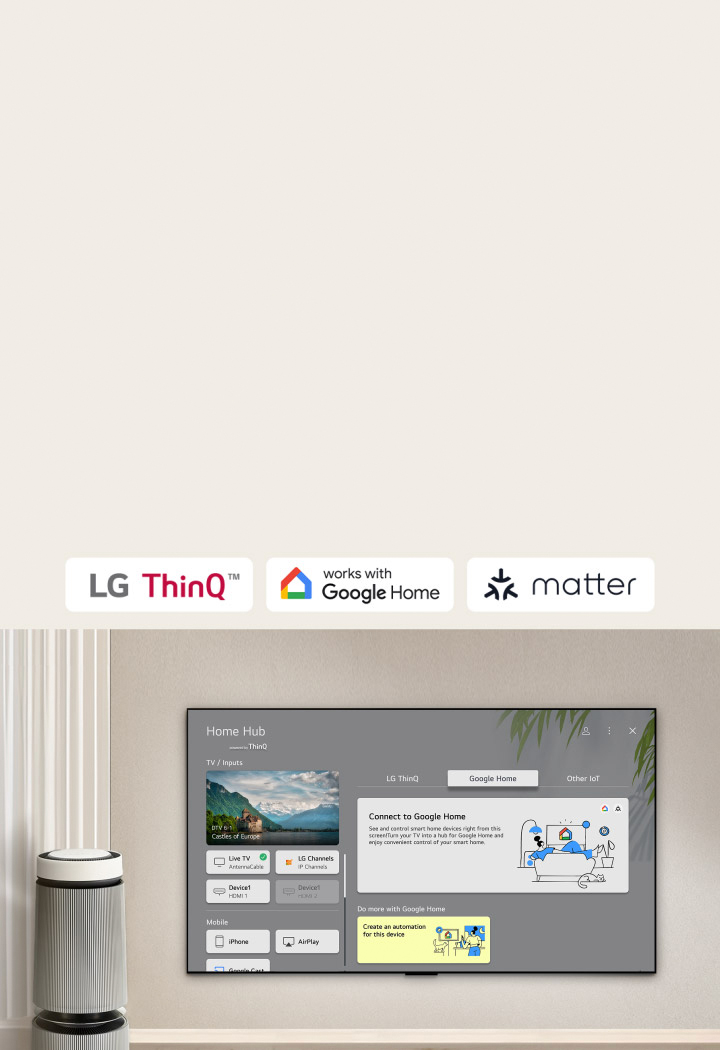 TV remote in front of an LG TV screen with Home Hub. All functionality and controls over other smart devices are shown.